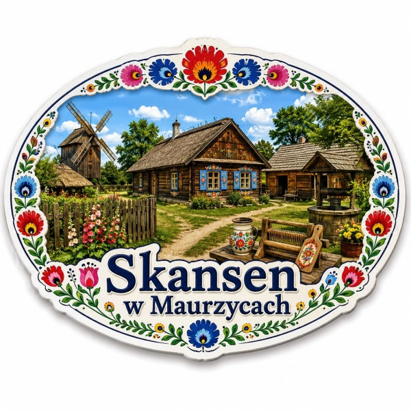 Pamiątkowy magnes Skansen w Maurzycach z motywem tradycyjnego domu, kwiatów i wiatraka na tle lasu