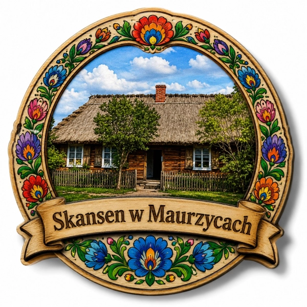 Magnes Skansen w Maurzycach z motywem tradycyjnego drewnianego domu krytego strzechą