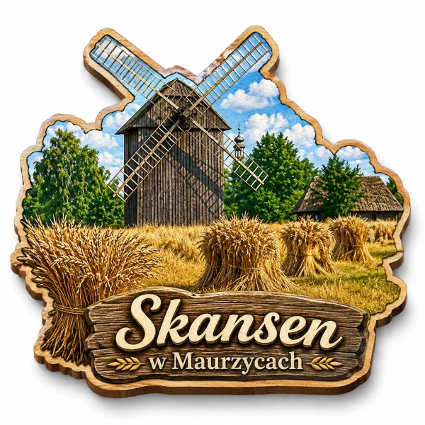 Pamiątkowy magnes Skansen w Maurzycach z motywem tradycyjnego wiatraka