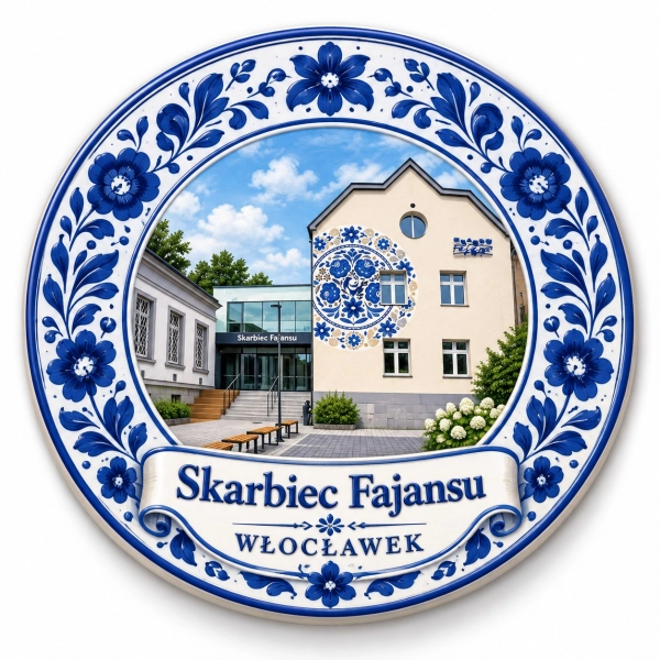 Magnes pamiątkowy Skarbiec Fajansu we Włocławku z niebieskim motywem fajansu