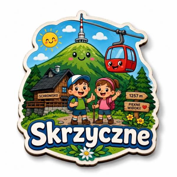 Magnes pamiątkowy Skrzyczne z ilustracją schroniska, gondoli, górskiego motywu i znaku z wysokością 1257 m