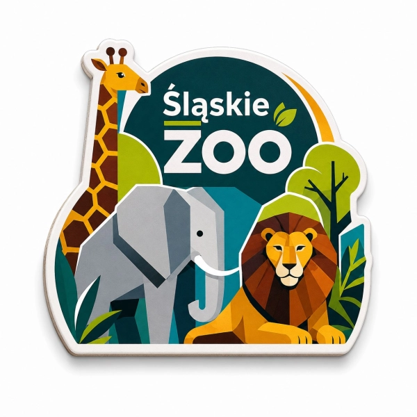 Magnes pamiątkowy Śląskie Zoo z żyrafą, słoniem i lwem na tle lasu