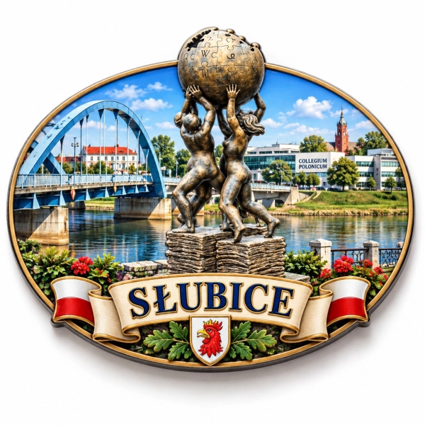 Magnes Słubice z motywem figur trzymających kulę ziemską