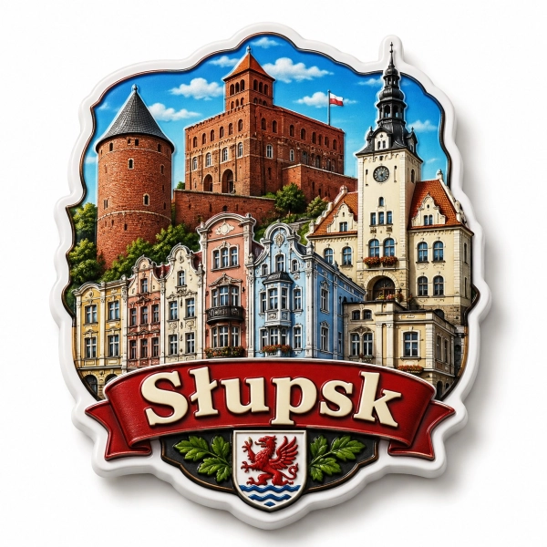 Magnes pamiątkowy Słupsk z panoramą miasta i motywem zamku