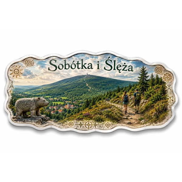 Magnes pamiątkowy Sobótka i Ślęża z widokiem na góry i las