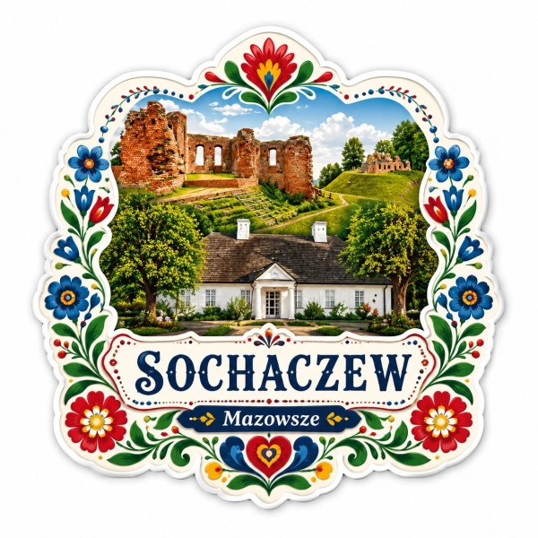 Magnes Sochaczew przedstawiający ruiny zamku i budynek mieszkalny wśród zielonych drzew