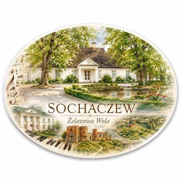 Magnes Sochaczew z motywem zamku, muzeum kolei wąskotorowej i parku miejskiego