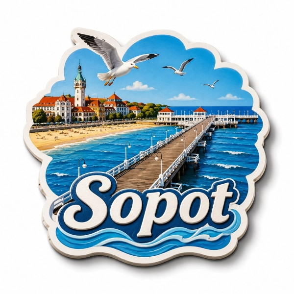 Magnes pamiątkowy Sopot z widokiem na plażę i molo