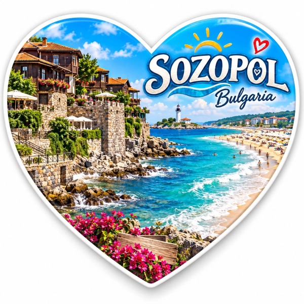 Magnes pamiątkowy w kształcie serca z widokiem na plażę w Sozopol, Bułgaria
