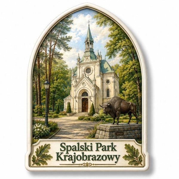 Magnes pamiątkowy Spalski Park Krajobrazowy z motywem kościoła i żubra