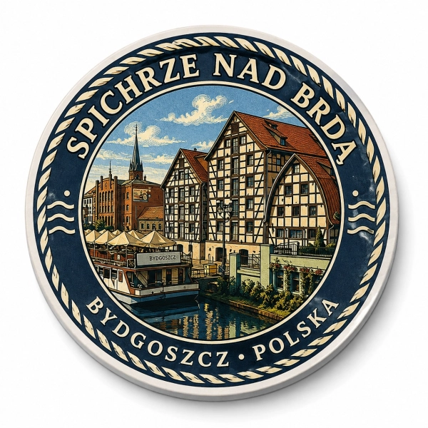Pamiątkowy magnes przedstawiający Spichrze nad Brdą w Bydgoszczy