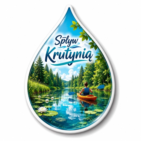 Magnes pamiątkowy Spływ Krutynią z motywem kajaka, rzeki, lasu i kwiatów wodnych