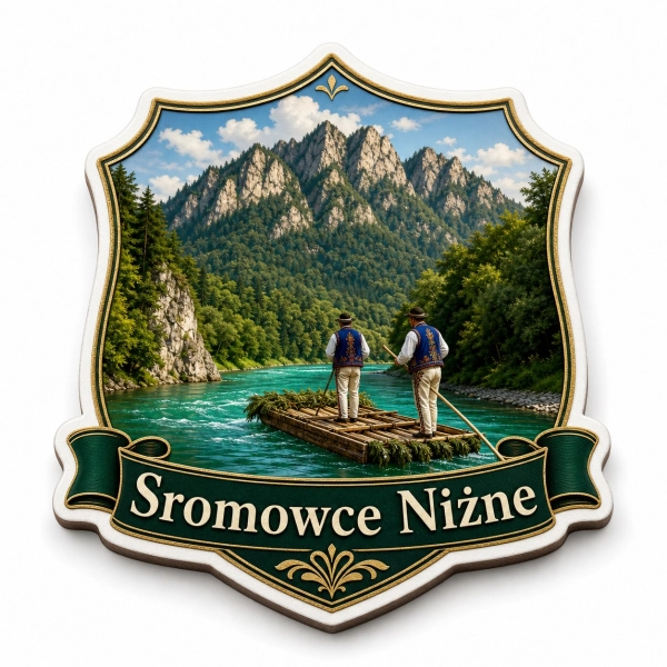 Magnes Sromowce Niżne z górskim krajobrazem, rzeką i lasem
