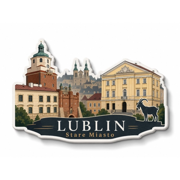 Magnes pamiątkowy z panoramą Starego Miasta w Lublinie i zabytkową architekturą