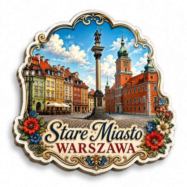 Magnes pamiątkowy przedstawiający Stare Miasto w Warszawie z pomnikiem króla Zygmunta III Wazy