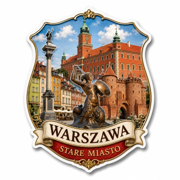 Magnes pamiątkowy z panoramą Starego Miasta w Warszawie, rzeźbą Sybilli i kolumną Zygmunta