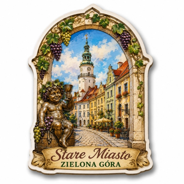 Magnes pamiątkowy Stare Miasto w Zielonej Górze z motywem winogron i putta