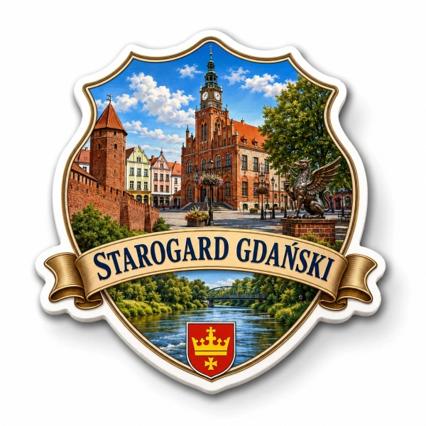 Magnes Starogard Gdański z motywem ratusza, murów obronnych i mostu nad rzeką
