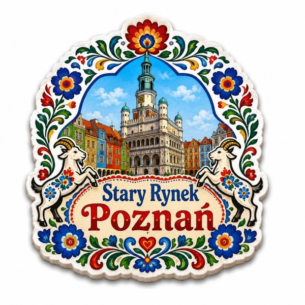 Pamiątkowy magnes Stary Rynek w Poznaniu z motywem historycznej architektury i kwiatów