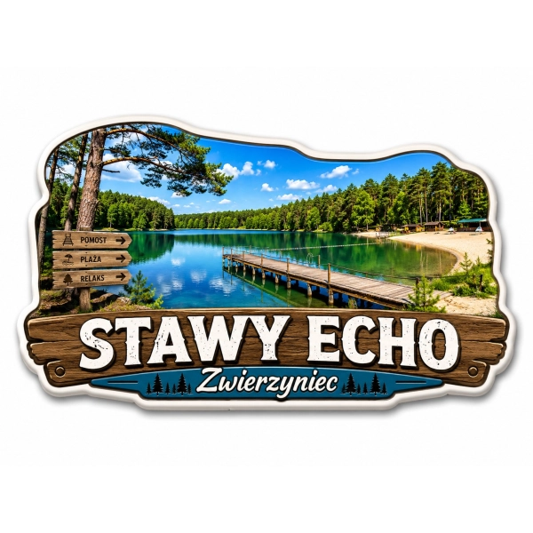 Magnes pamiątkowy Stawy Echo w Zwierzyńcu z widokiem jeziora, drewnianym molem i lasami w tle