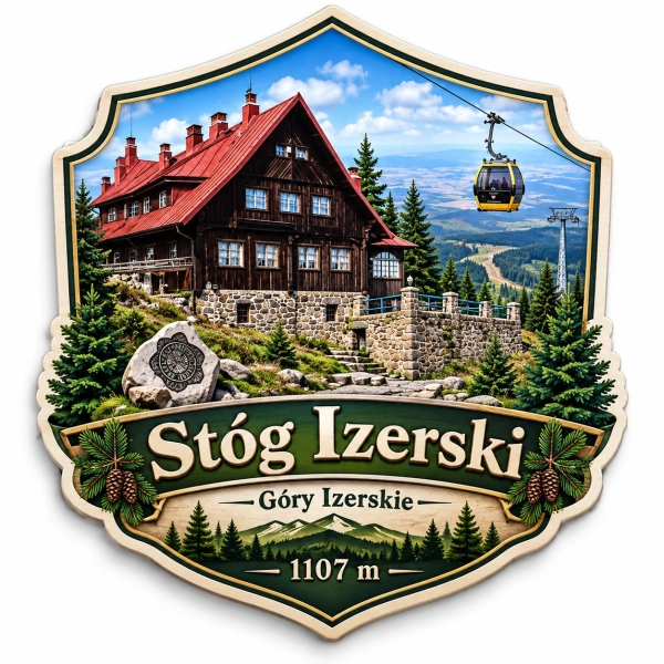 Magnes pamiątkowy Stóg Izerski z widokiem na dom z czerwonym dachem i gondolowy wyciąg