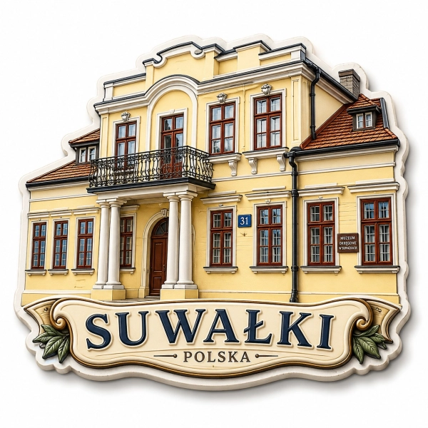 Pamiątkowy magnes Suwałki z motywem budynku historycznego