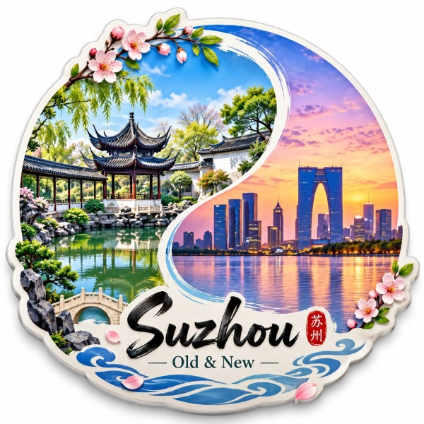 Magnes pamiątkowy z widokiem na tradycyjny ogród Suzhou z pawilonem nad jeziorem oraz nowoczesny pejzaż miasta z wieżowc