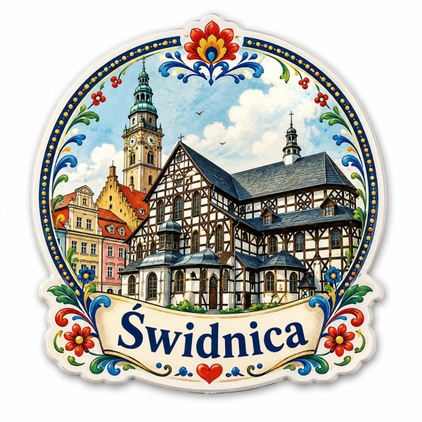 Pamiątkowy magnes Świdnica z motywem historycznego miasta na Dolnym Śląsku