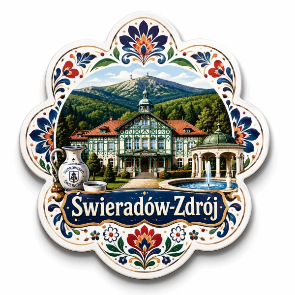 Magnes pamiątkowy Świeradów-Zdrój z pałacem, fontanną i panoramą gór