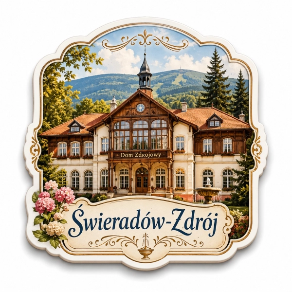 Magnes pamiątkowy Dom Zdrojowy w Świeradowie-Zdroju na tle górskiego krajobrazu