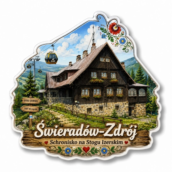 Magnes Świeradów-Zdrój z motywem domu z drewnianymi dachami