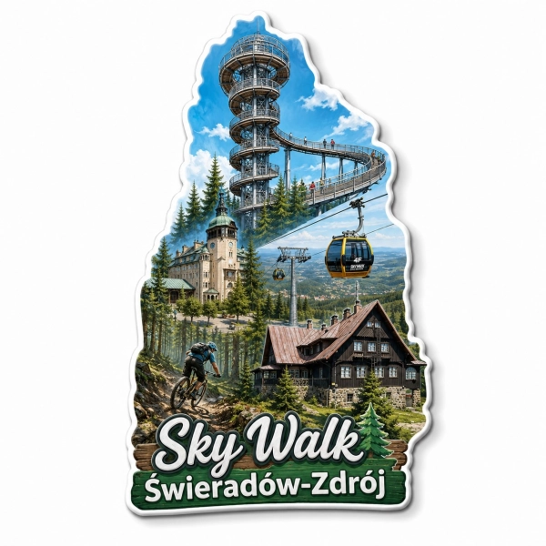 Magnes pamiątkowy przedstawiający Sky Walk w Świeradowie-Zdroju, wieżę obserwacyjną, kolej linową i leśną ścieżkę