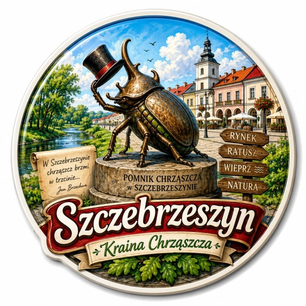 Magnes pamiątkowy z pomnikiem chrząszcza w Szczebrzeszynie