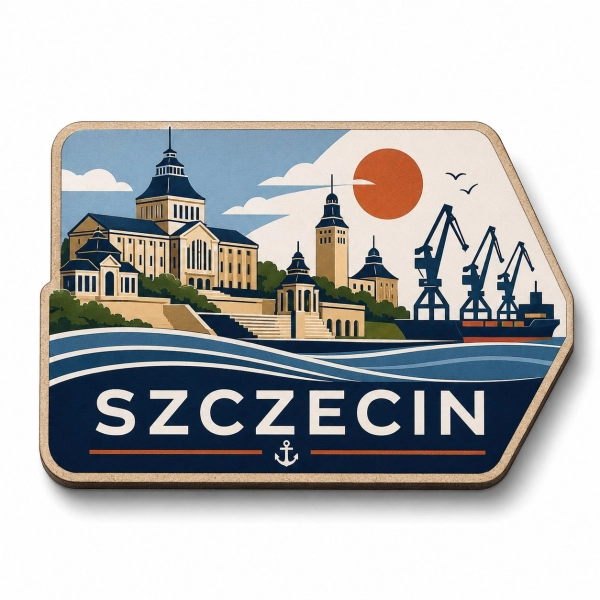 Szczecin – magnes pamiątkowy z panoramą miasta, budynkami Uniwersytetu Szczecińskiego i portem morskim