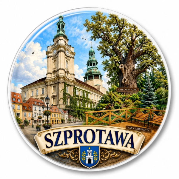 Magnes pamiątkowy Szprotawa z motywem Chrobry Oak, zabytkowym budynkiem, parkiem i mostkiem