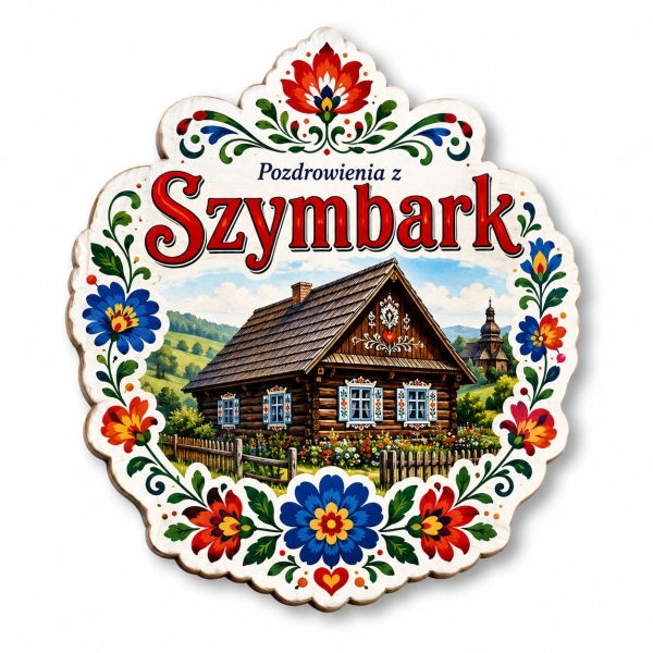 Magnes regionalny Pozdrowienia z Szymbarku z motywem tradycyjnego domu drewnianego