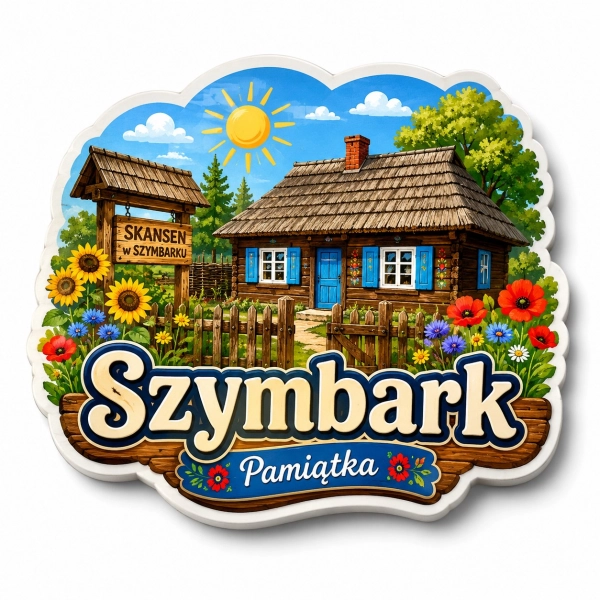 Magnes pamiątkowy Szymbark z motywem skansenu, drewnianym domem i kwiatami