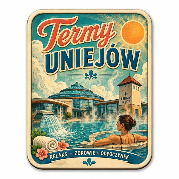 Pamiątkowy magnes Termy Uniejów z motywem basenu i budynku termalnego