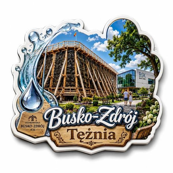 Magnes pamiątkowy przedstawiający tężnię w Busku-Zdroju, drewniany budynek i okoliczne drzewa