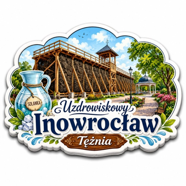Pamiątkowy magnes Tężnia w Inowrocławiu z widokiem drewnianego mostu nad rzeką, zielenią i kwiatami