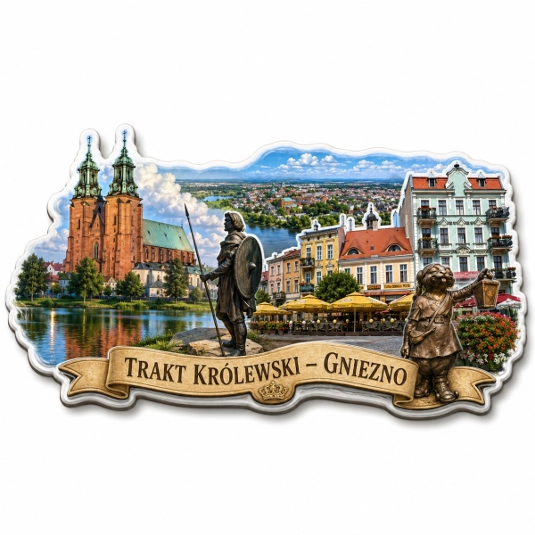 Magnes pamiątkowy z motywem Traktu Królewskiego w Gnieźnie