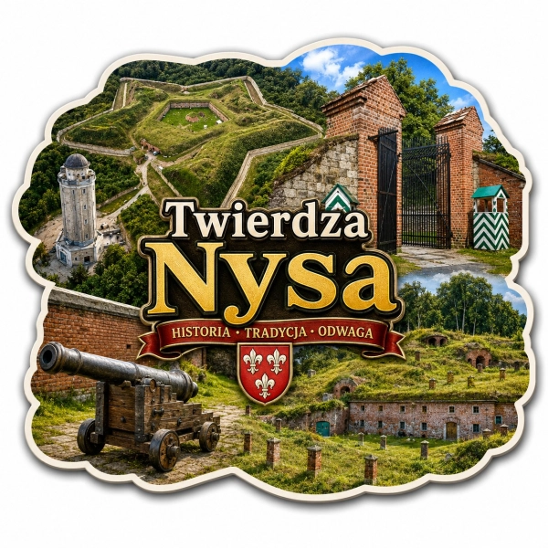 Pamiątkowy magnes Twierdza Nysa przedstawiający mury obronne i bramę wejściową