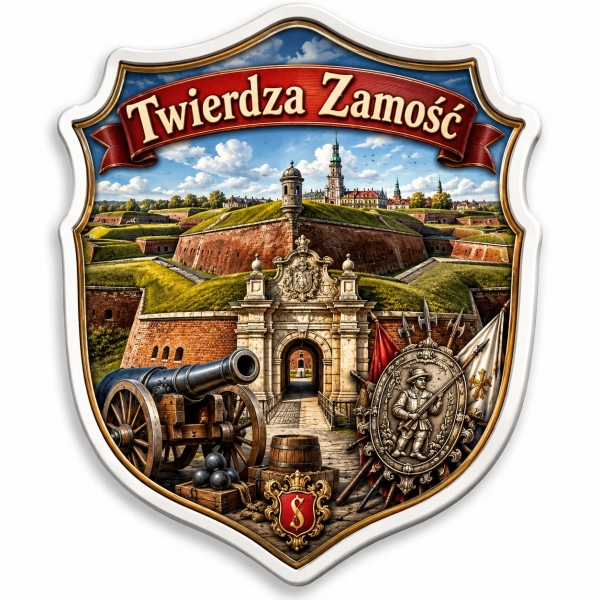 Pamiątkowy magnes Twierdza Zamość z motywem murów obronnych i bramy wejściowej