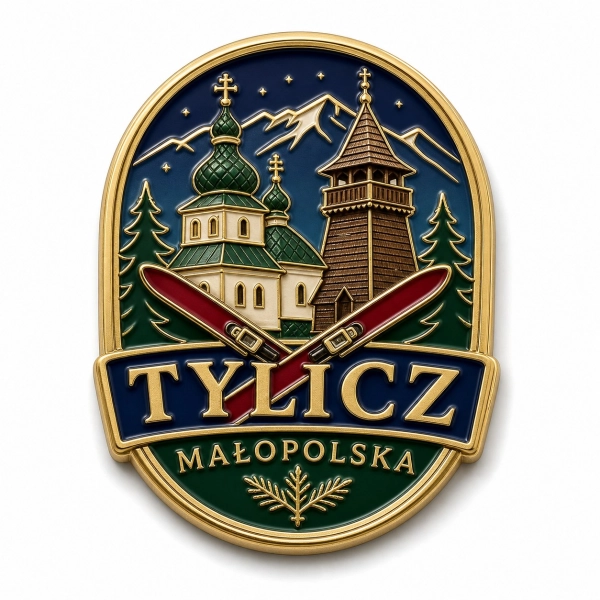 Magnes pamiątkowy Tylicz z motywem kościoła i wieży