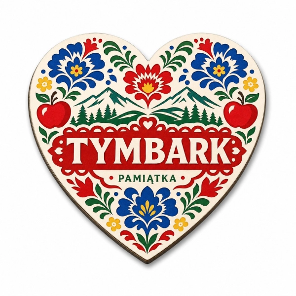 Pamiątkowy magnes Tymbark w kształcie serca z motywem regionalnym