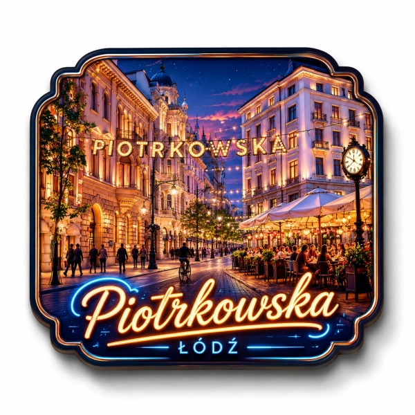 Magnes pamiątkowy przedstawiający nocną ulicę Piotrkowską w Łodzi z neonem Piotrkowska