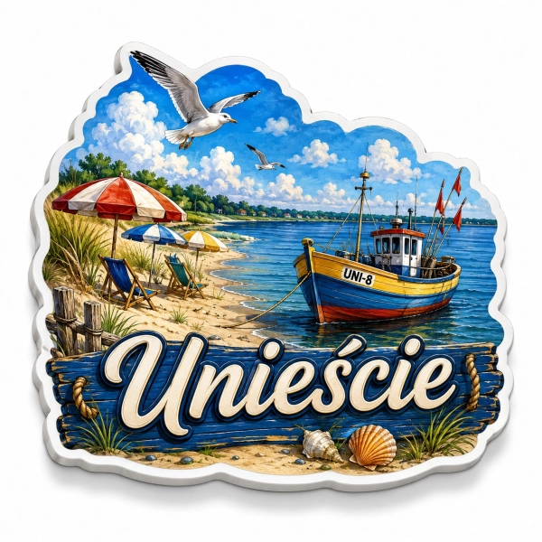 Magnes pamiątkowy z motywem plaży w Unieściu i łodzi rybackiej