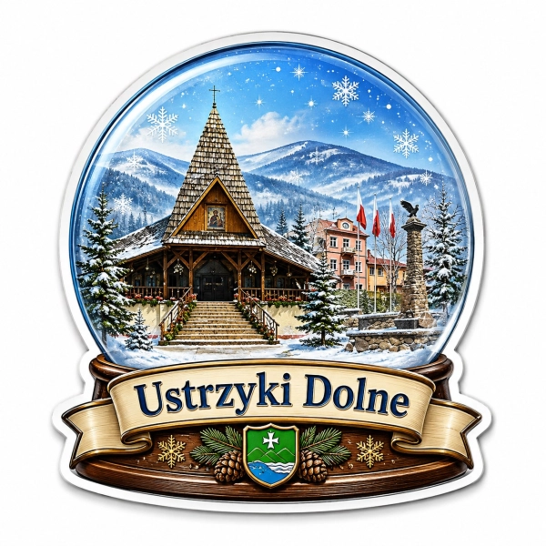 Zimowy magnes pamiątkowy z kościołem w Ustrzykach Dolnych