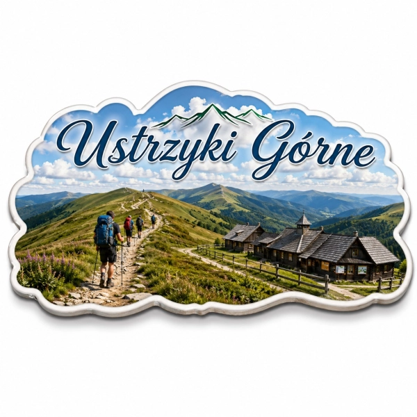 Pamiątkowy magnes Ustrzyki Górne z motywem chaty na szczycie góry