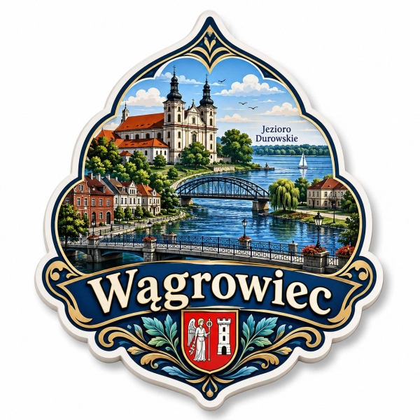 Magnes pamiątkowy Wągrowiec z motywem jeziora Durowskiego i klasztoru